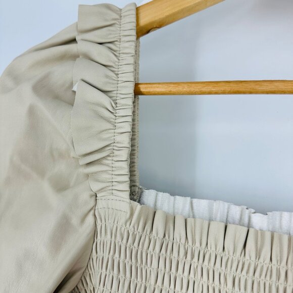 7 For All Mankind Womens Beige Smocked Square Neck Balloon Sleeve Mini Dress L - Picture 6 of 12